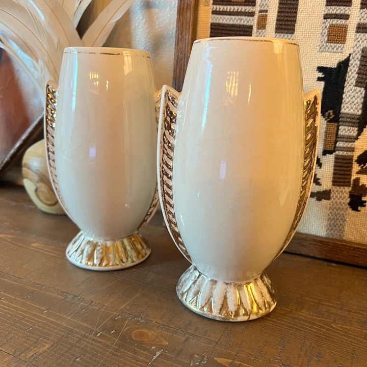 Vintage Set Of Ceramic Art Deco Style Vases With Gold Accents