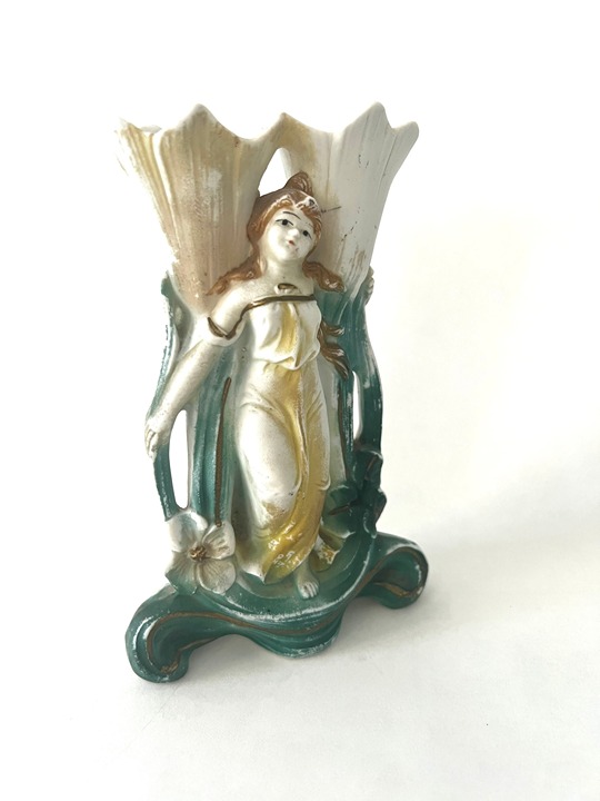 Antique Art Nouveau German Vase Bisque Figural Fairy Nymph Woman in Flower
