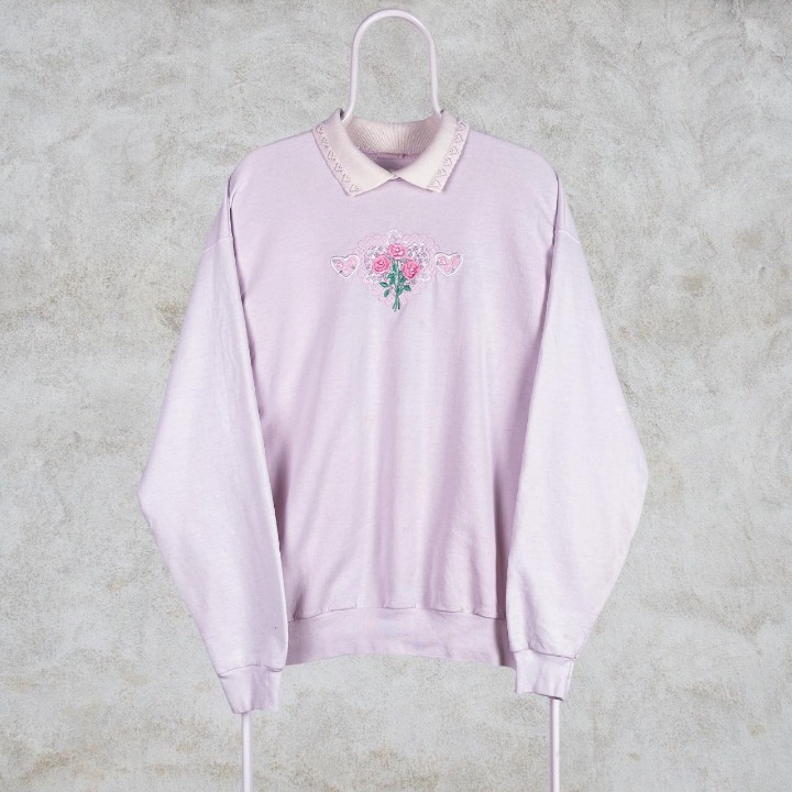Vintage Pink Embroidered Sweatshirt Flowers Floral