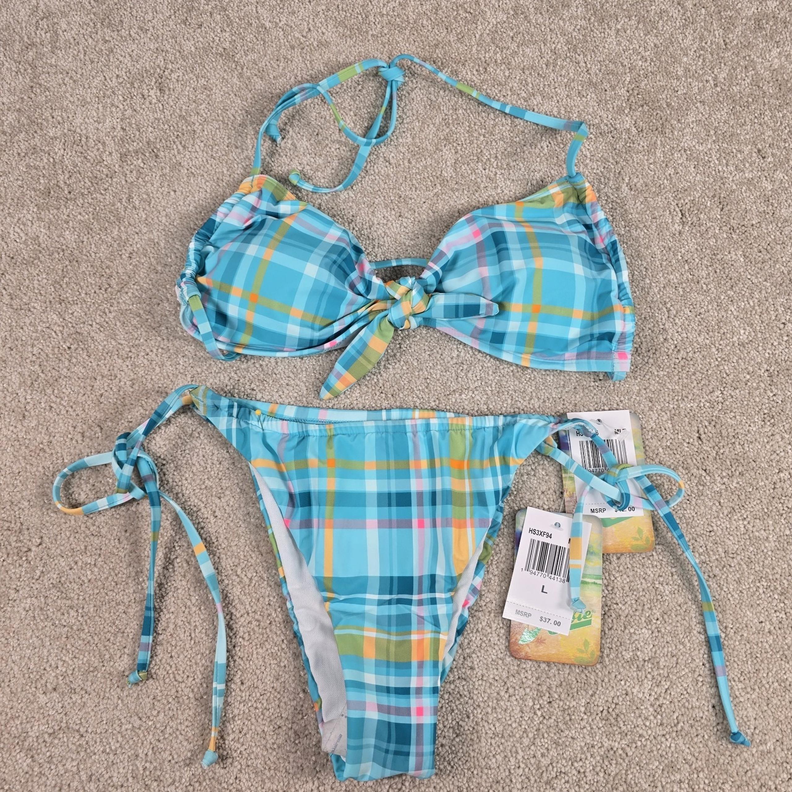 NWT Hobie Halter Plaid Bikini Set with Bow Detail in Blue and Yellow Size Large
