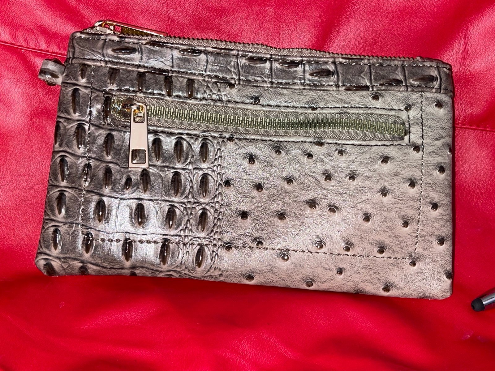 Unbranded Brownish Gray Ostrich Embossed Vegan Leather Wallet/Wristlet. EUC