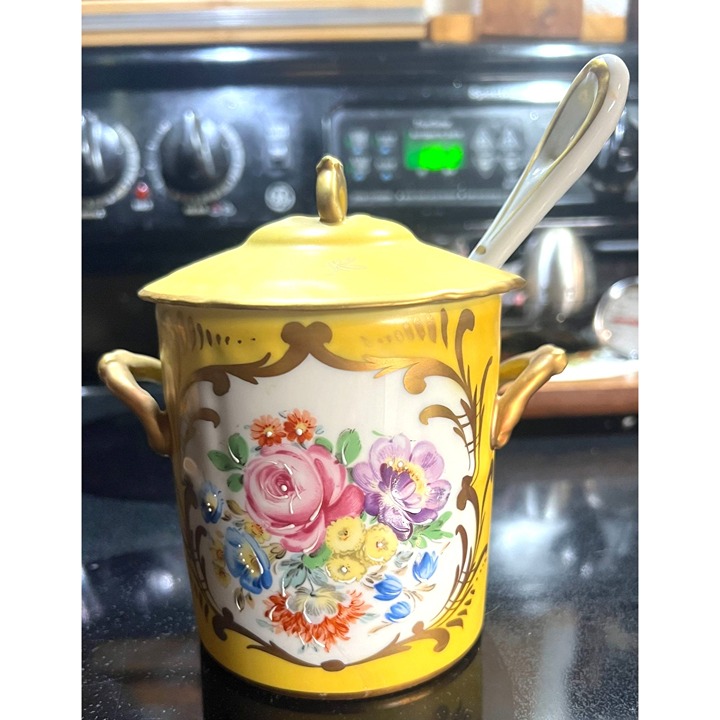 3-pc Vintage Floral Porcelain Sugar Bowl With Lid & Ladle
