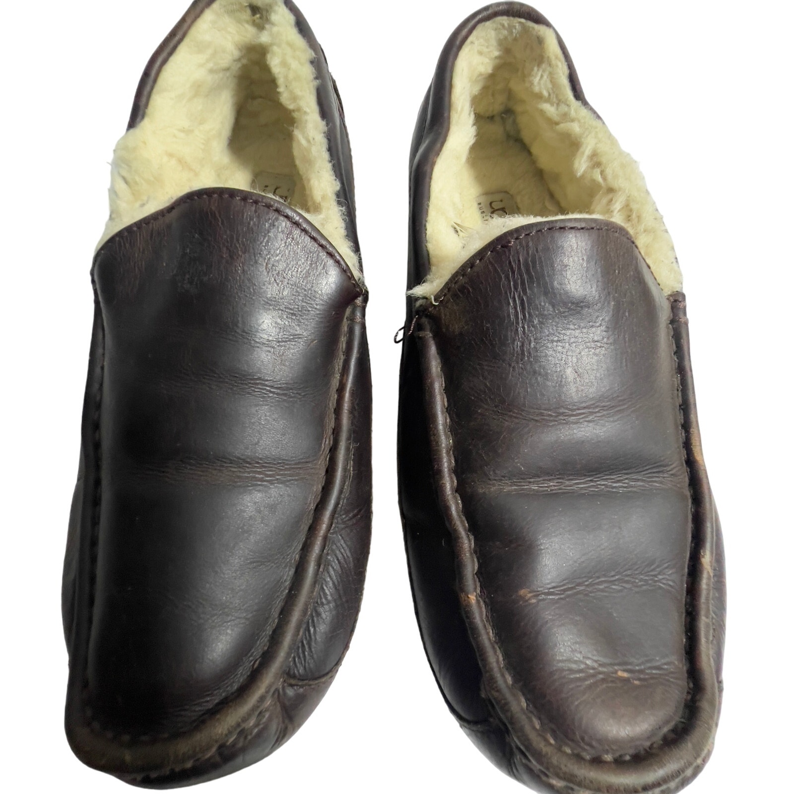 UGG Men's Ascot 5379 Brown Leather Shearling Fur Lined Slippers Shoes Size 10
