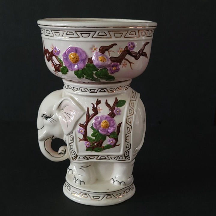 1960's Vintage Ceramic White Elephant Planter | 10.5