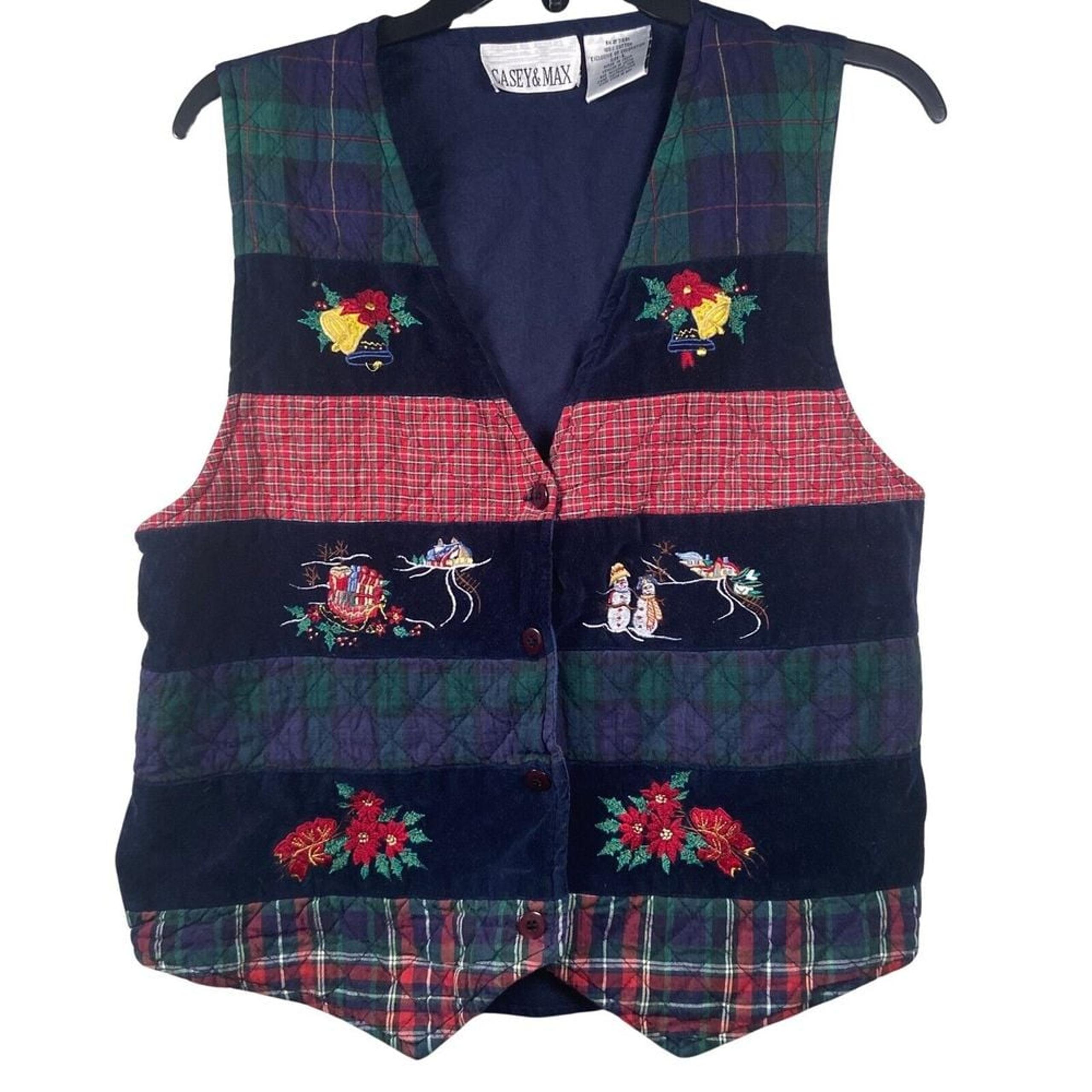 Vintage Casey & Max Plaid Christmas Vest Size Large Embroidered Snowmen Bells