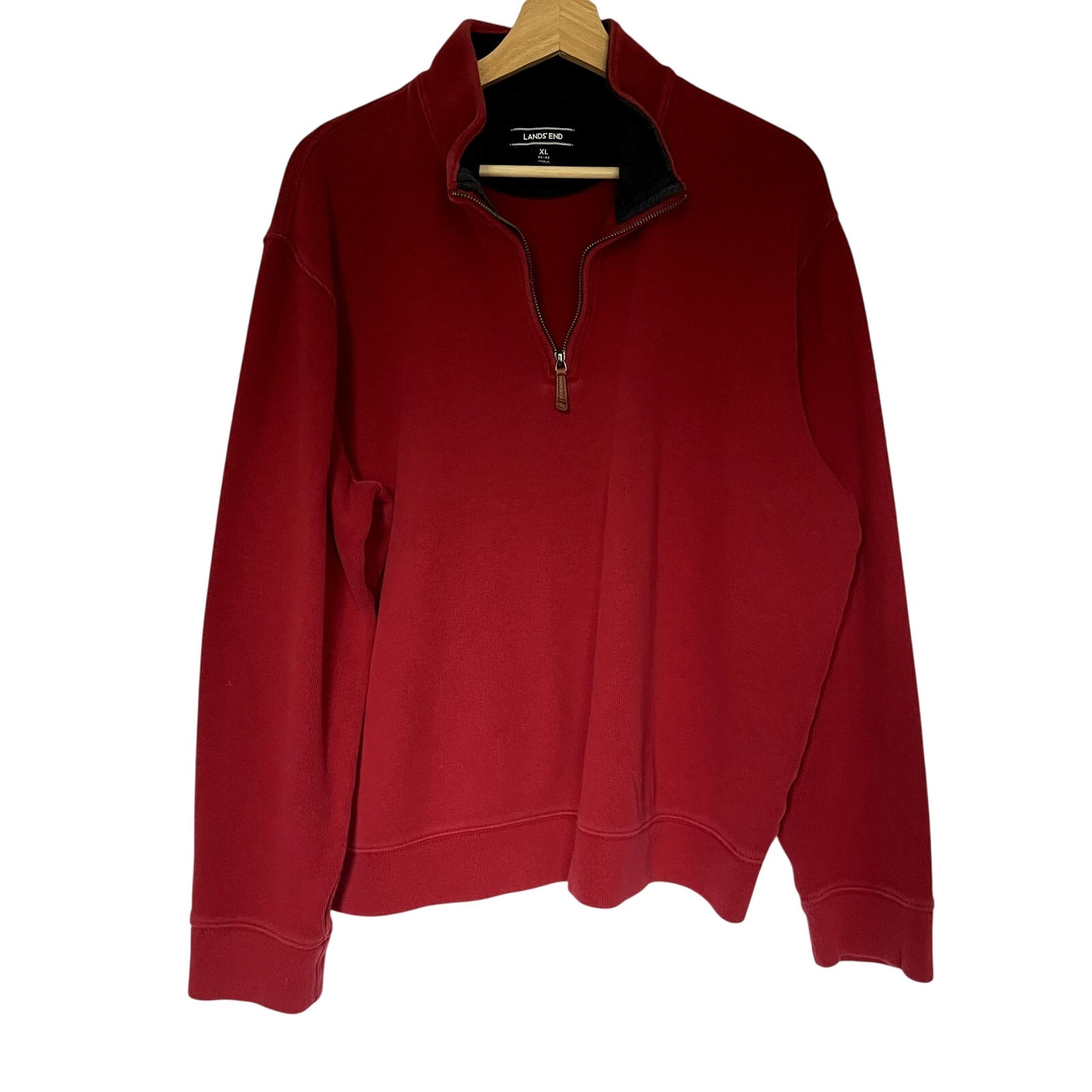 Lands' End red navy quarter zip men's size XL cotton knit sweater casual top