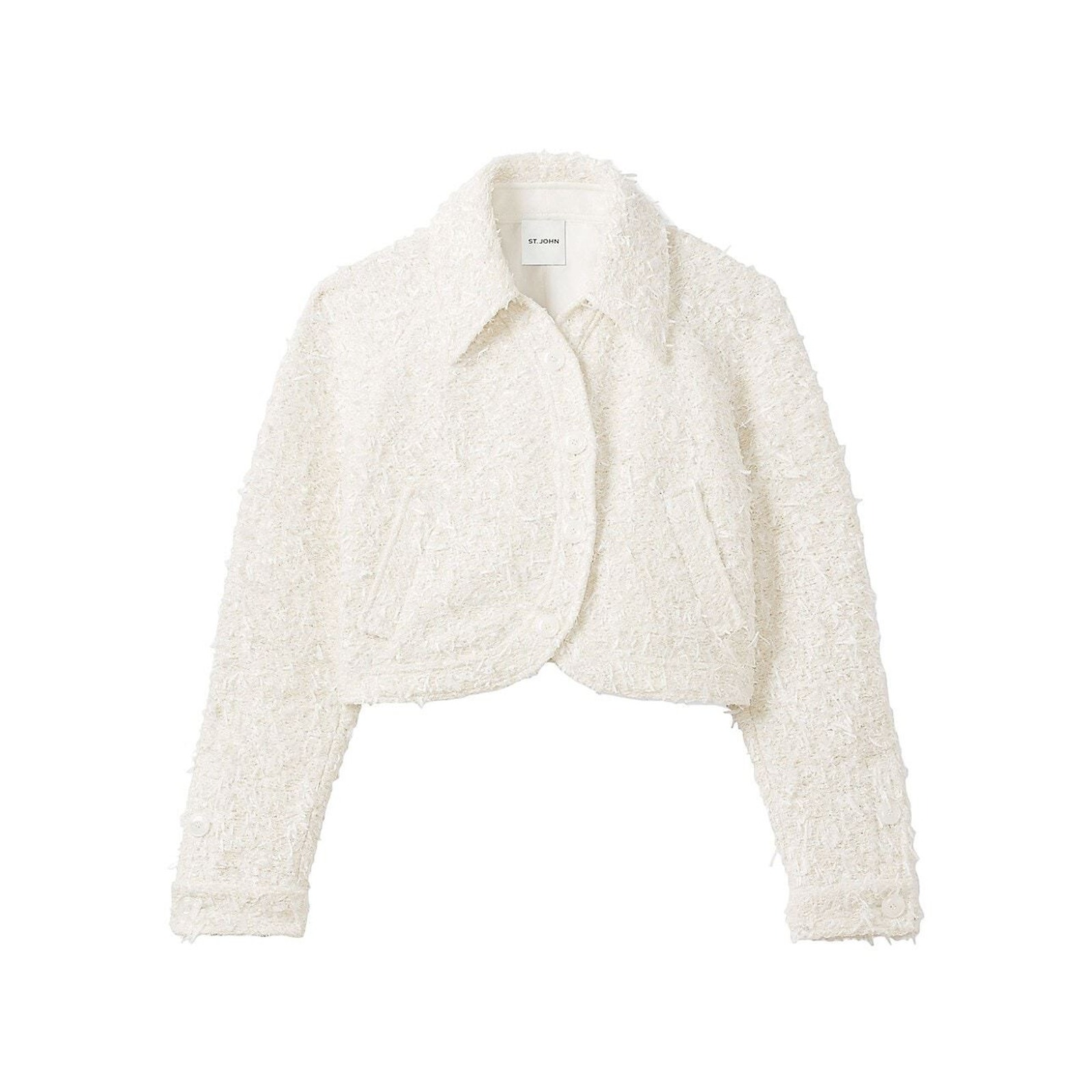 St. John Eyelash Tweed Knit Jacket Women's 0 Ecru Solid Button Front Wool-Silk