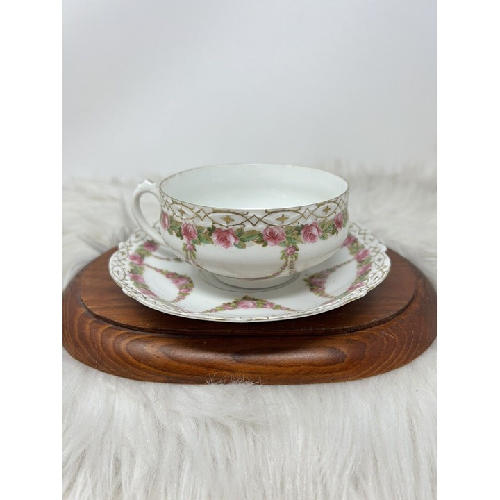 Antique MZ AUSTRIA Teacup And Saucer Pink Floral Ribboned Set 1884-1909
