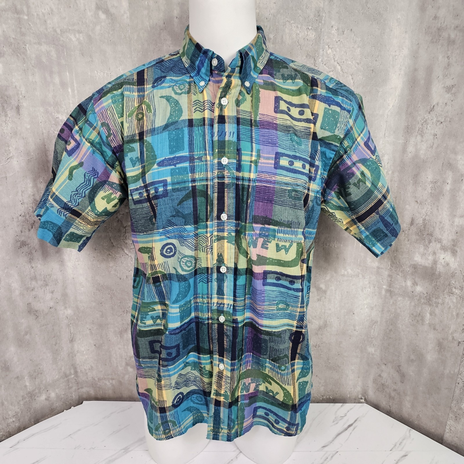 Vintage 90s Native Habitat Mens M Muslin Cotton Button Up Plaid S/S Shirt Street