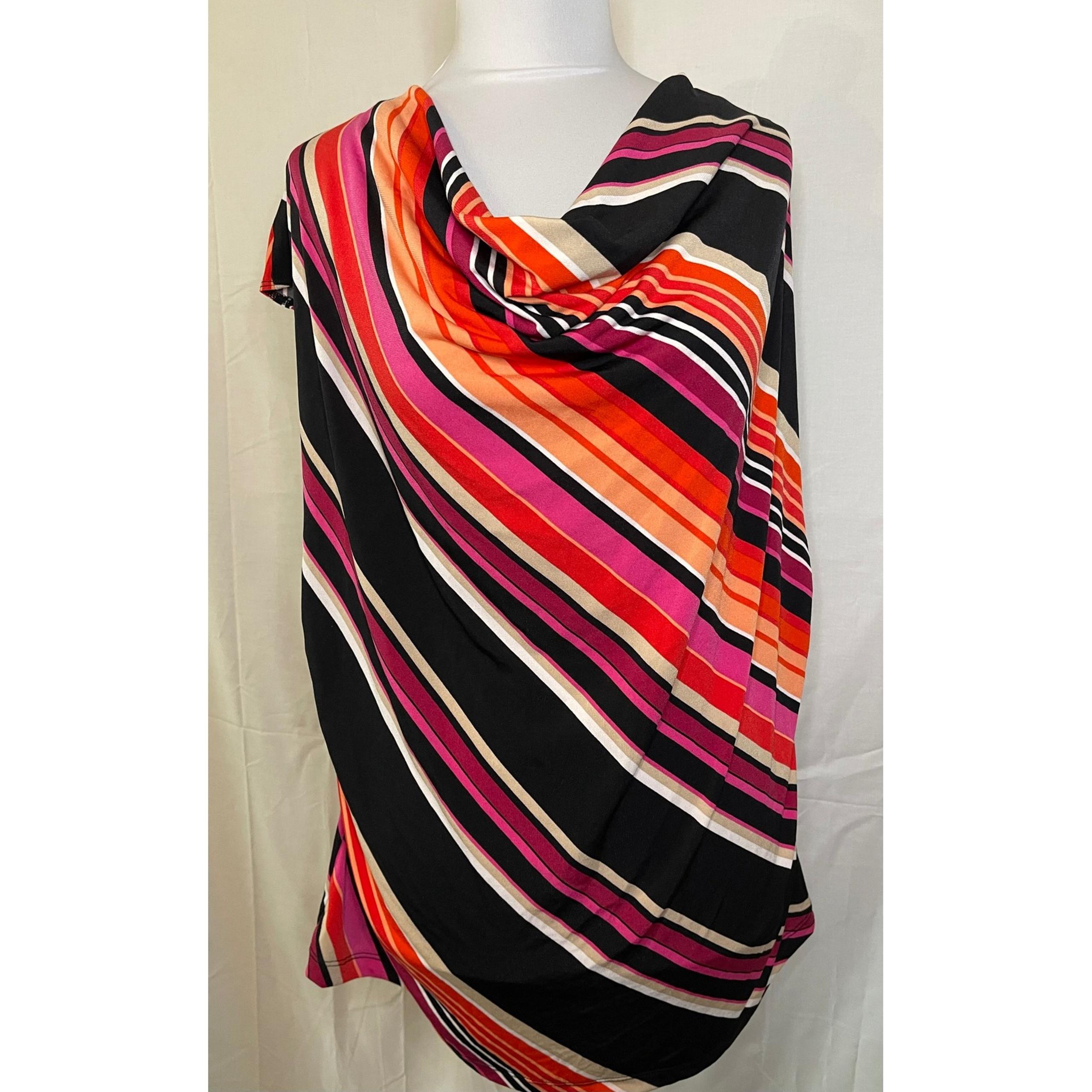 Worthington Striped One Shoulder Tunic Top Blouse Casual Black Pink 1X