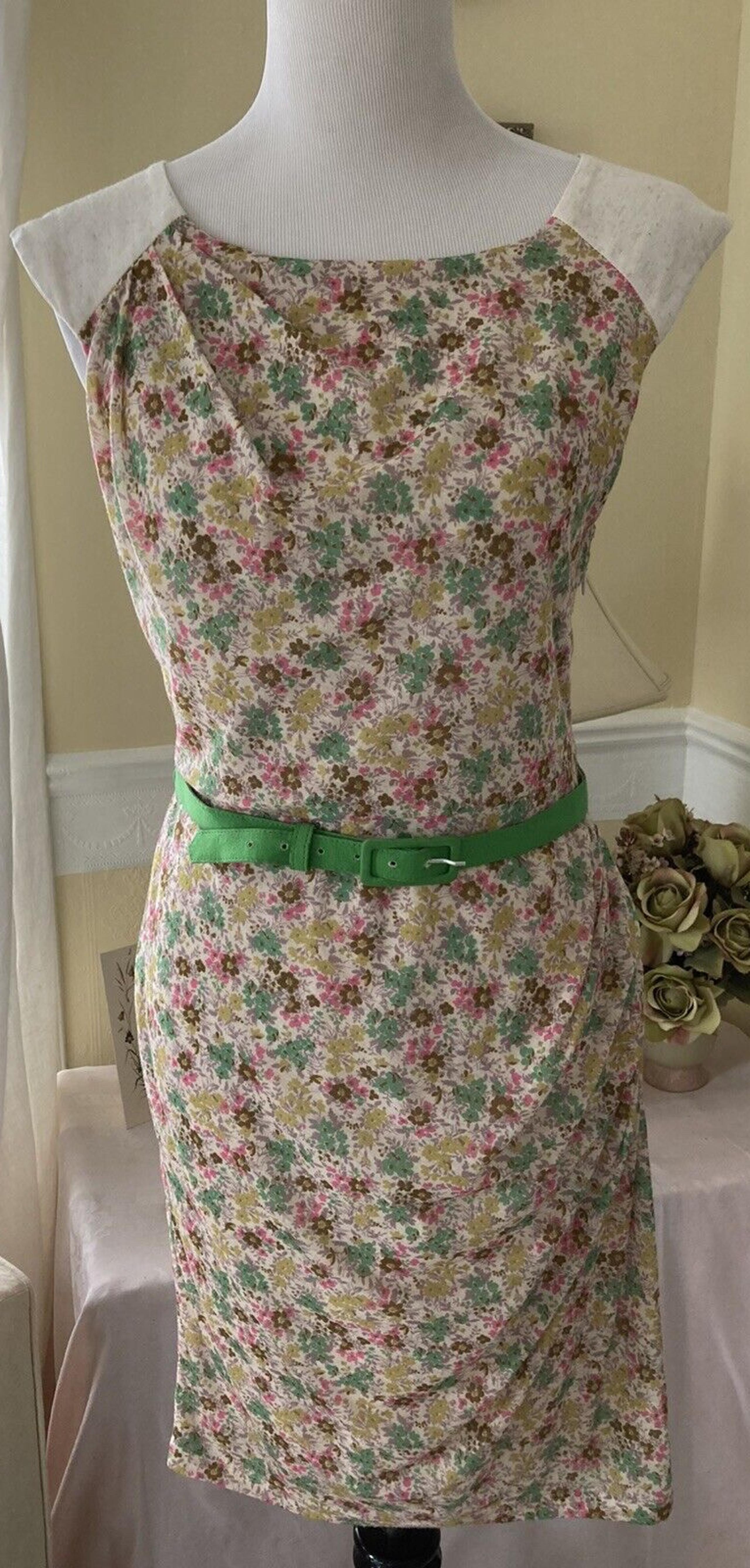 Anthropology Eva Franco Dress Size 8 Green Pink Floral Belted Ruched Lined