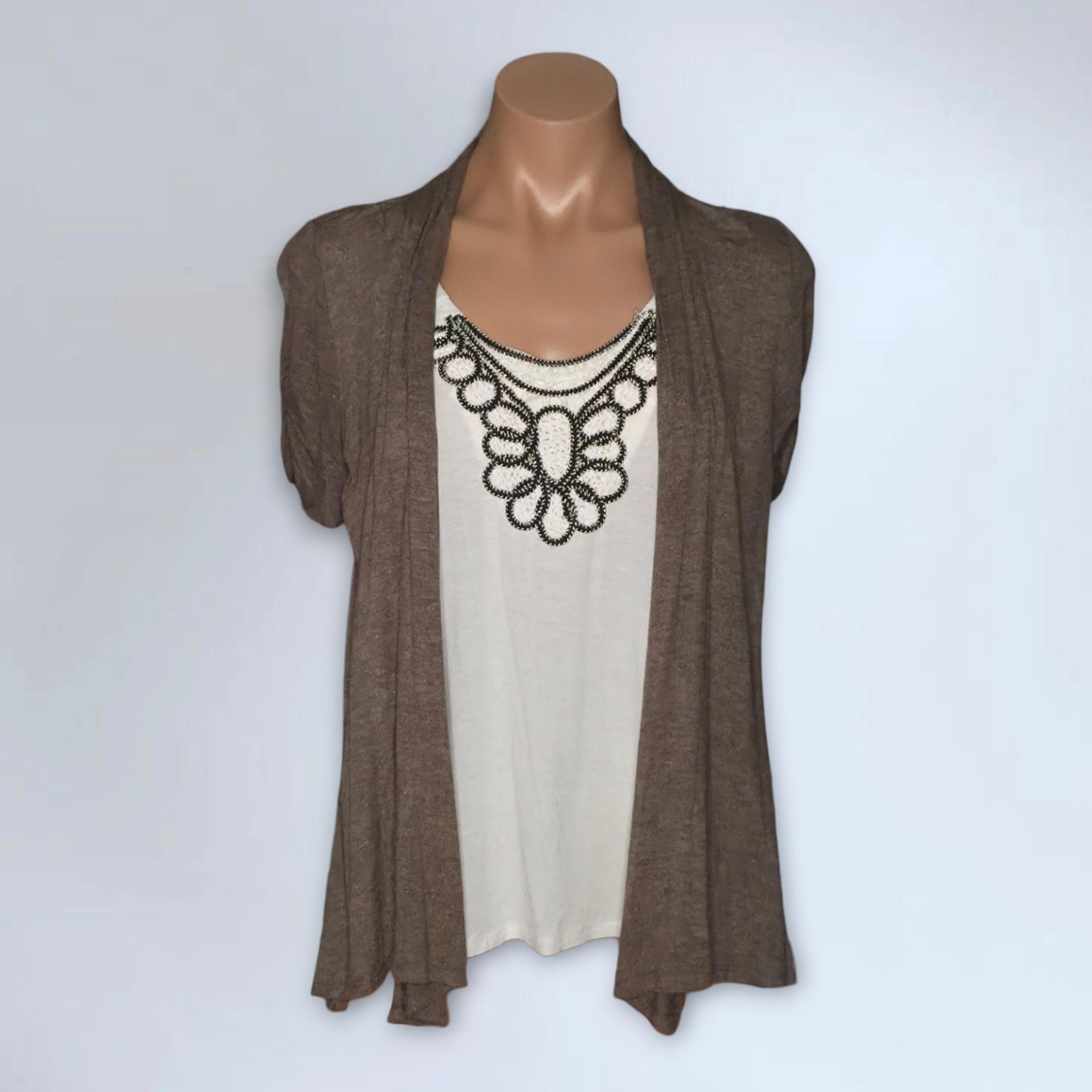 BCX Y2k Connected White Embroidered Tank Top & Brown Cardigan