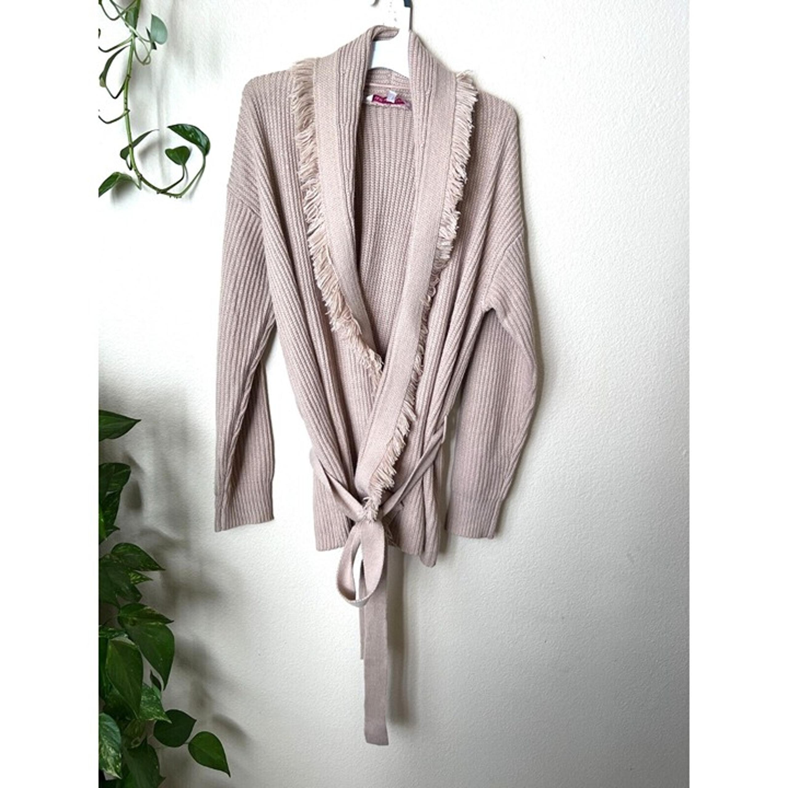 DRIVE Women's Small S Cardigan Belted BEIGE Open Fringe Sweater - WILLOW