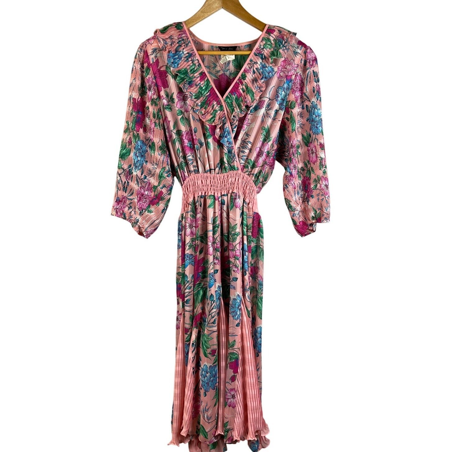 Vintage 80’s Diane Fres Original Pink Georgette Floral Pleated Dress Size Medium