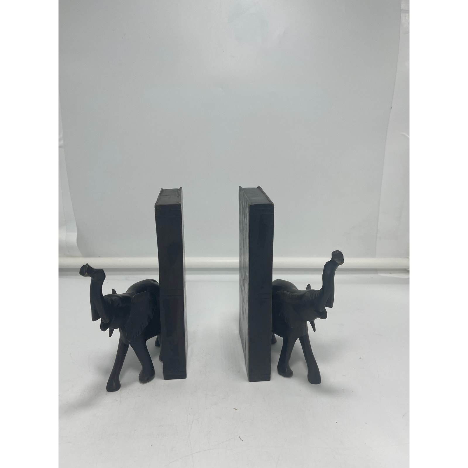 Dark Wood Set Hand Carved Elephant Figure Bookend Shelf Display