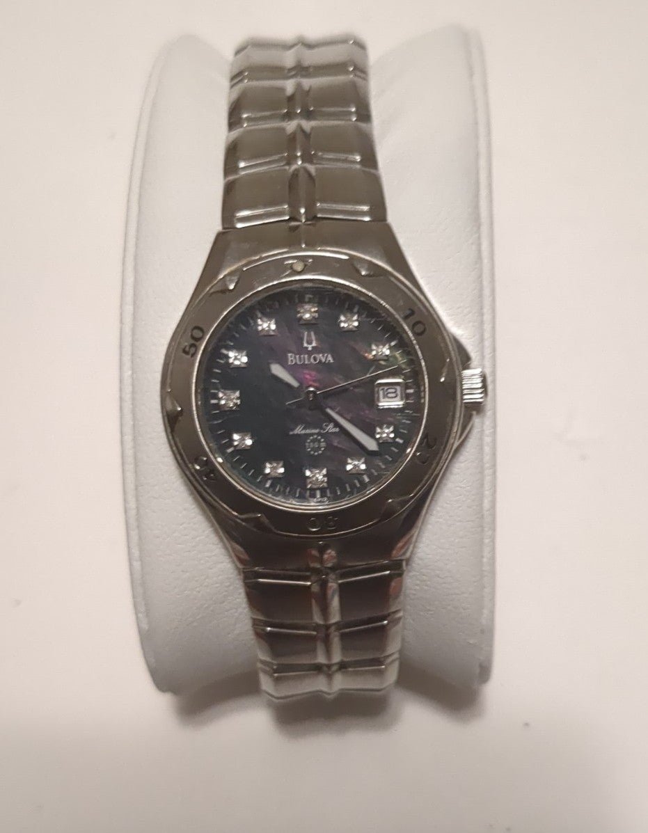 Bulova rare black MOP and diamond marine star watch 96P12