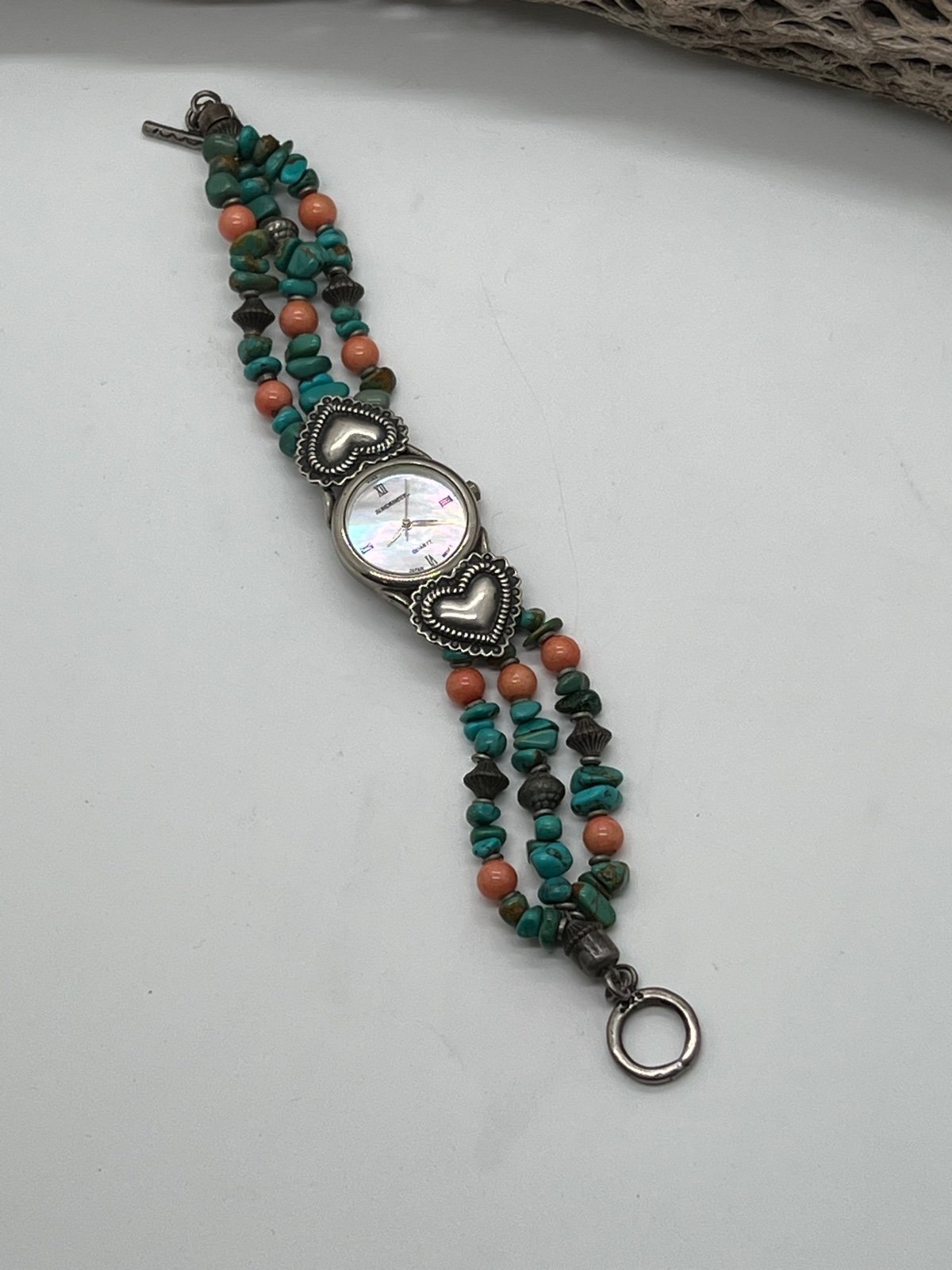 Vintage Sterling Silver Turquoise and Coral Watch