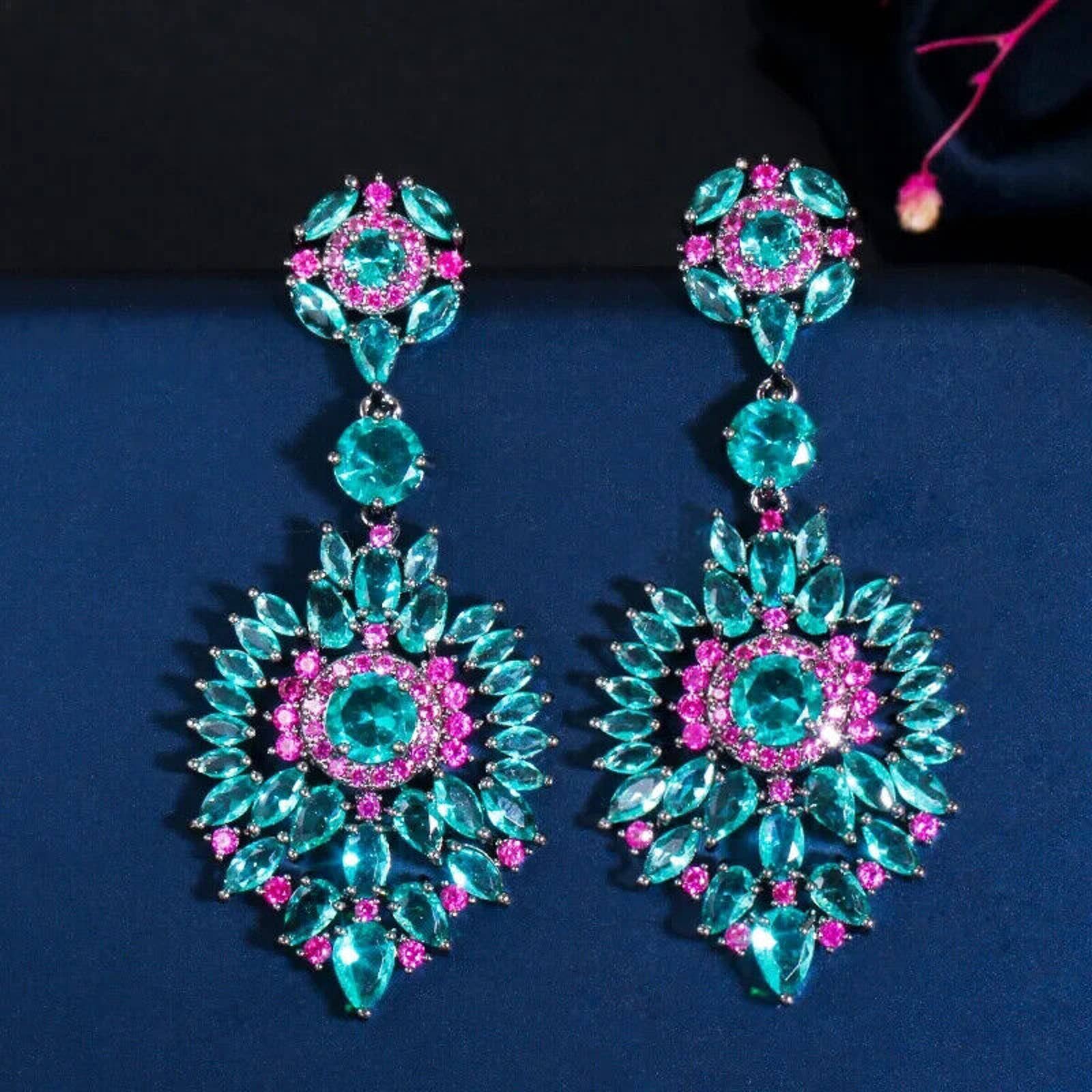 Teal and Pink Crystal Statement Earrings, Marquise Cut Crystal Statement Earring