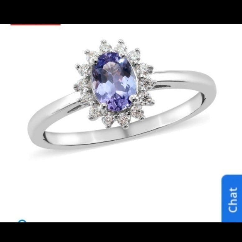 Tanzanite, moissanite VS-EF sunburst Ring in rhodium ov sterling silver 1.00 ctw