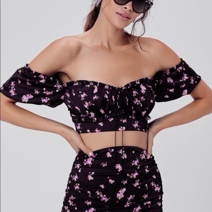 For Love & Lemons Laramie Floral Puff Sleeve Crop Top SZ S EUC