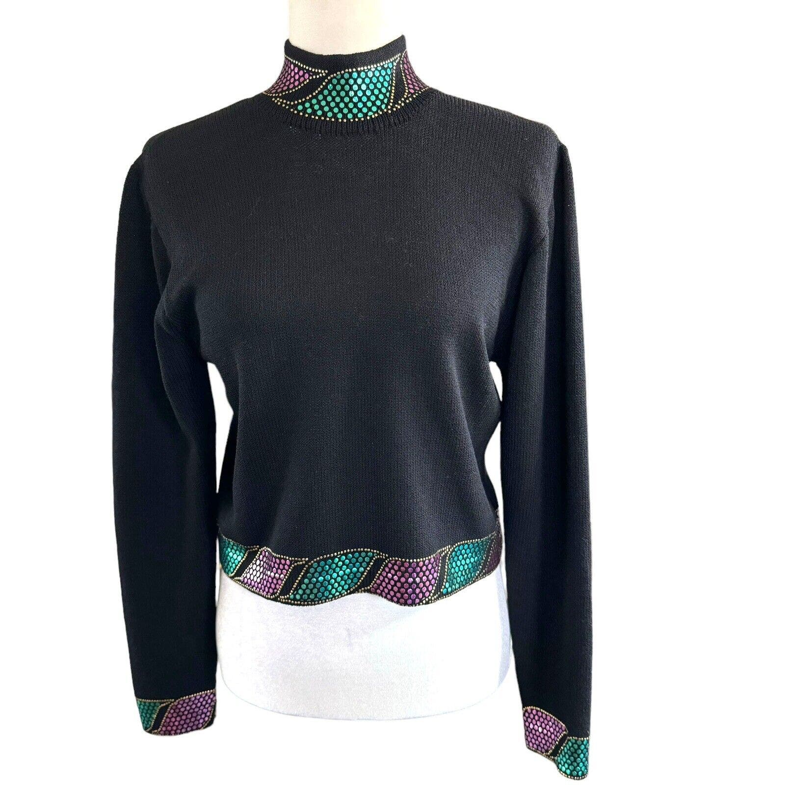 Vtg St John Sportswear Black Knit Sweater Collar Wrist Detailing Sz Small USA
