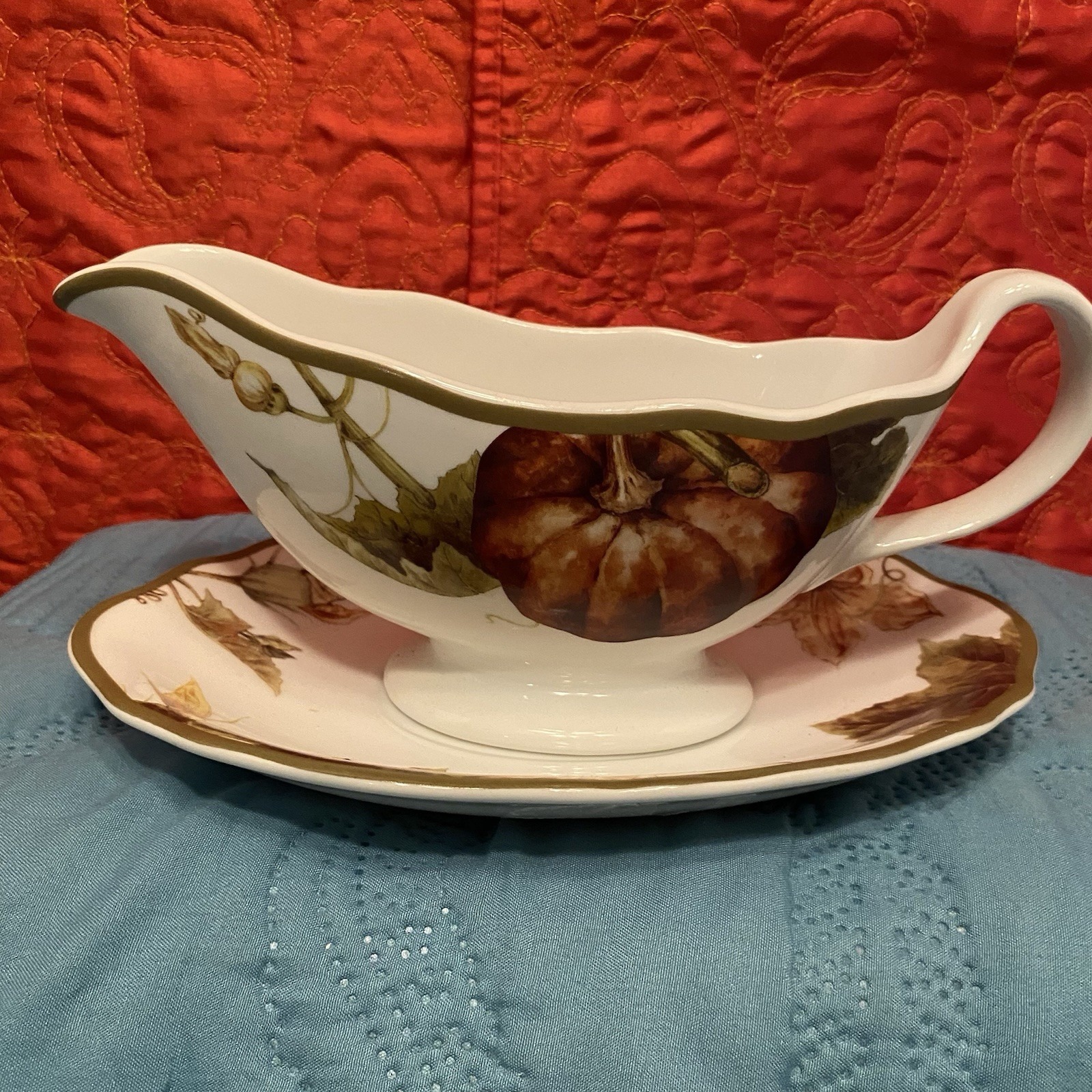 Williams Sonoma Gravy Boat Botanical Pumpkin w Tray Thanksgiving Fall Colors