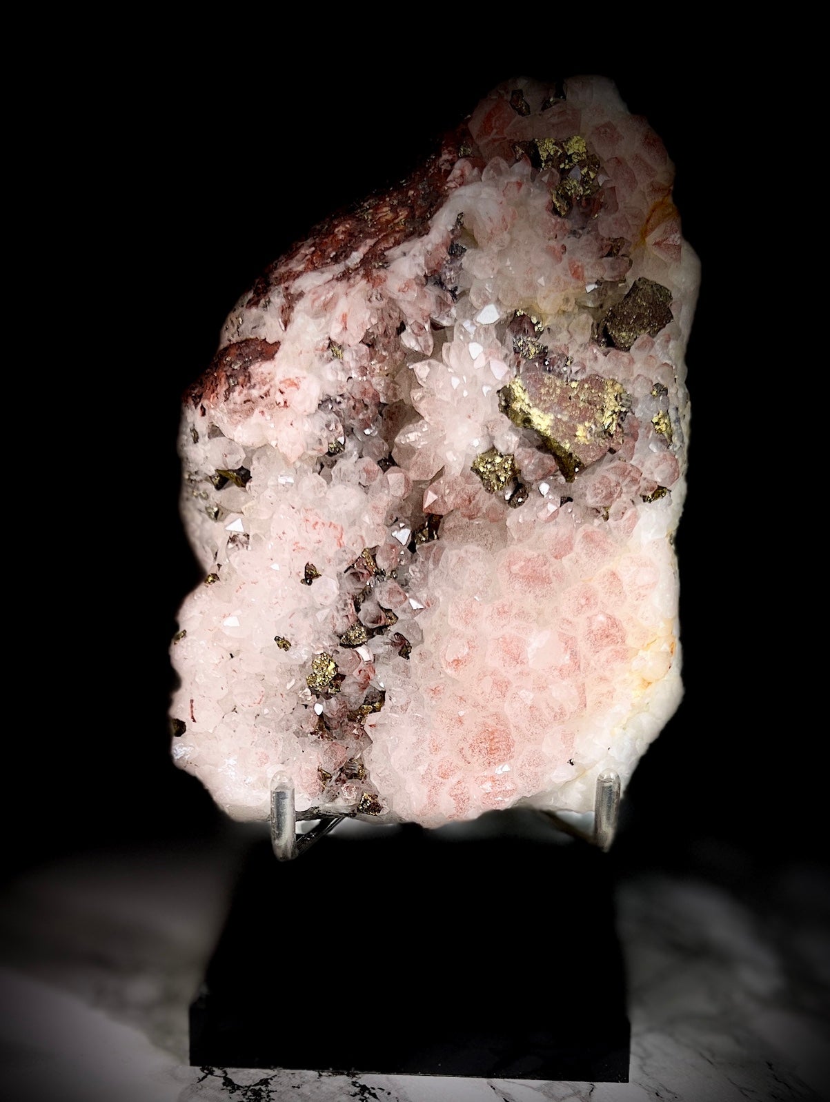 Golden Pyrite On Strawberry Quartz Crystals