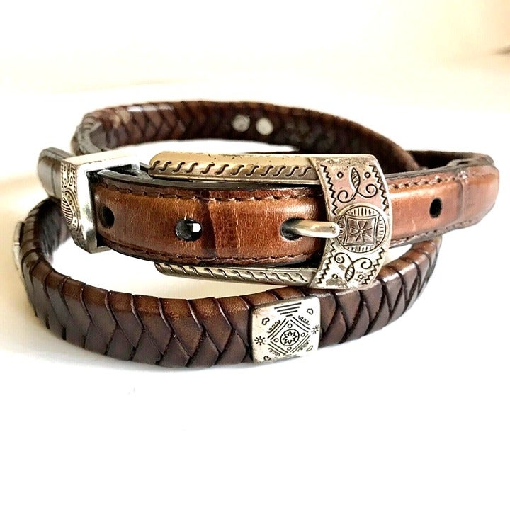 Vintage Brighton Brown Leather Concho Belt Size Small Braided Weave Western Thin