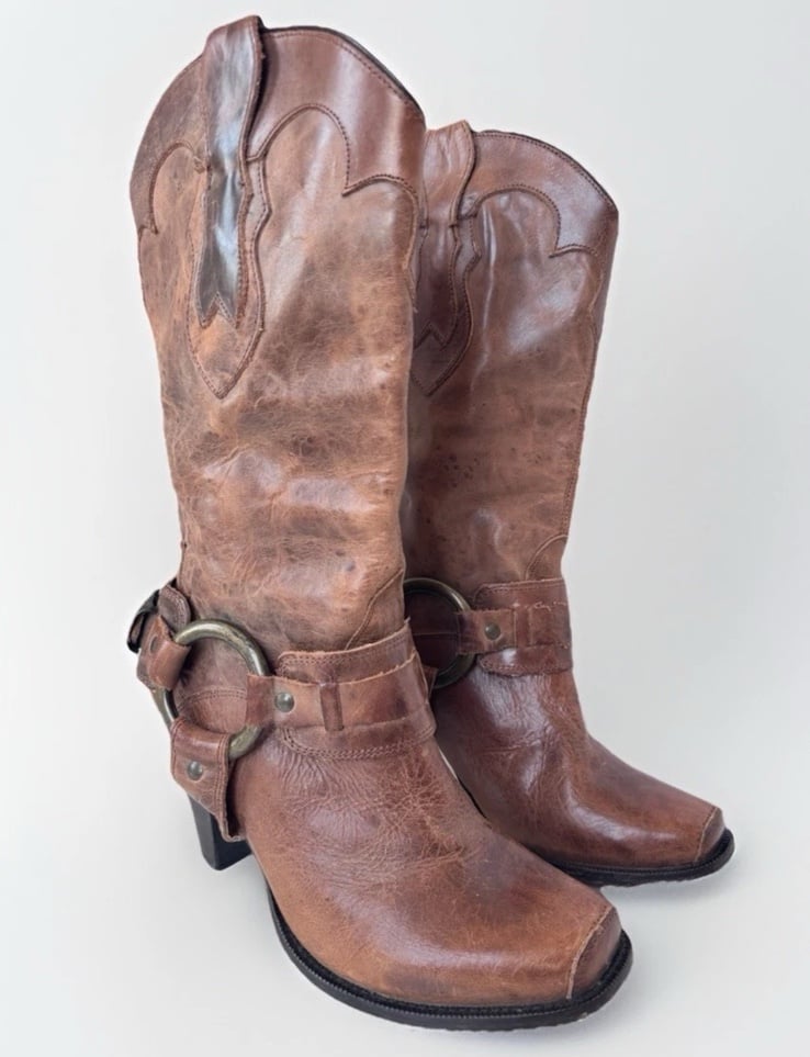 Justin Brown Tan Harness Moto Western Cowgirl Heeled Tall Boots Women’s Size 8