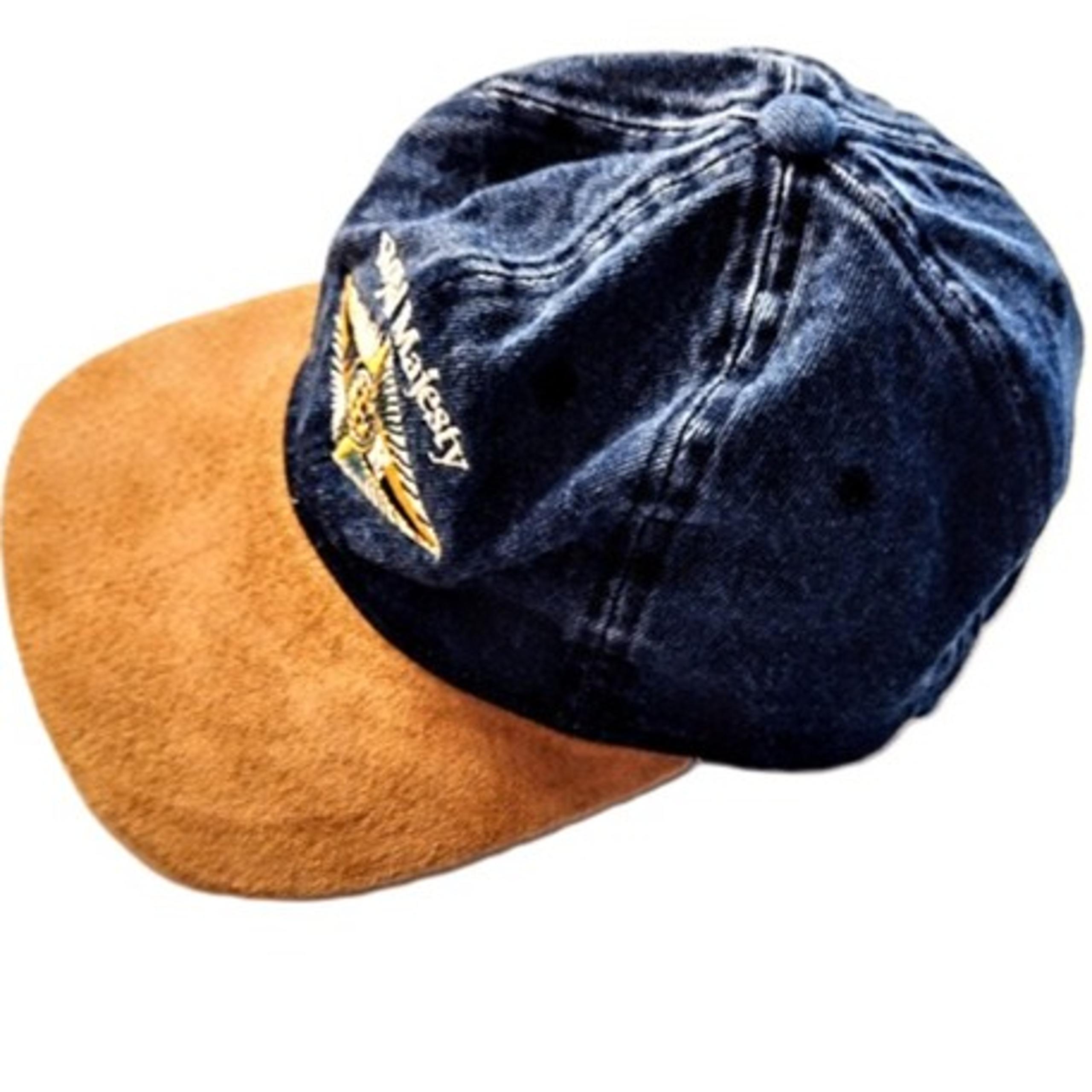 ROYAL MAJESTY Cruise Ship Cap ~ Denim/Suede Embroidered, Leather Strap ~ NEW VTG
