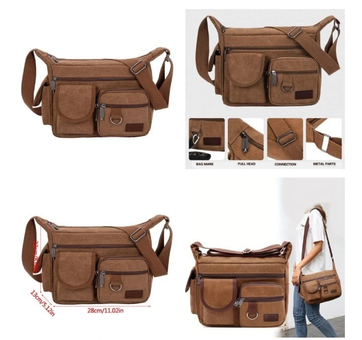 Brown Canvas Shoulder Bag - Spacious Multi-layer Sling Bag
