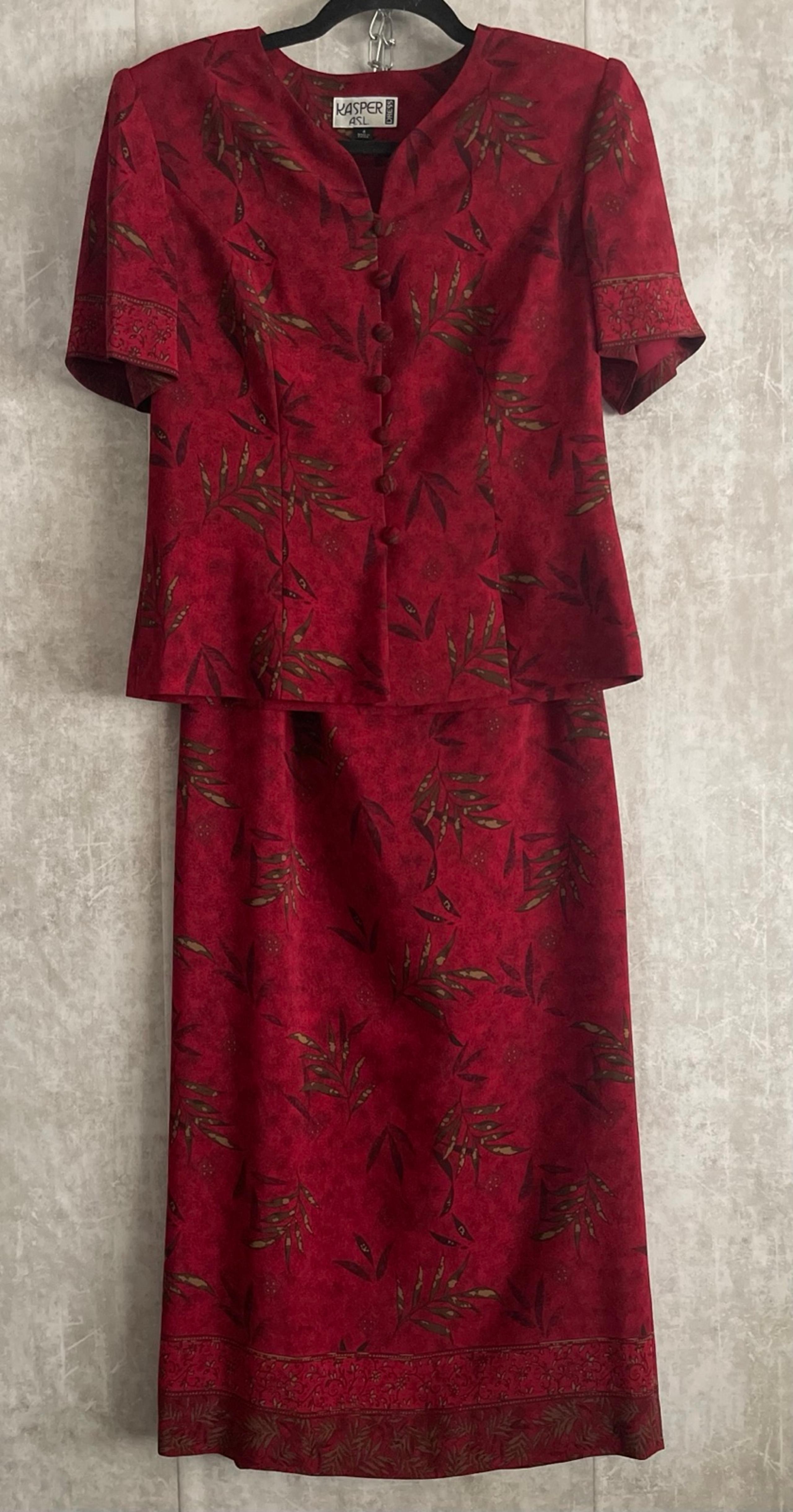 Kasper Burgandy 2 pc Tropical Design Blouse, Maxi Skirt Evening Dress Set Sz4