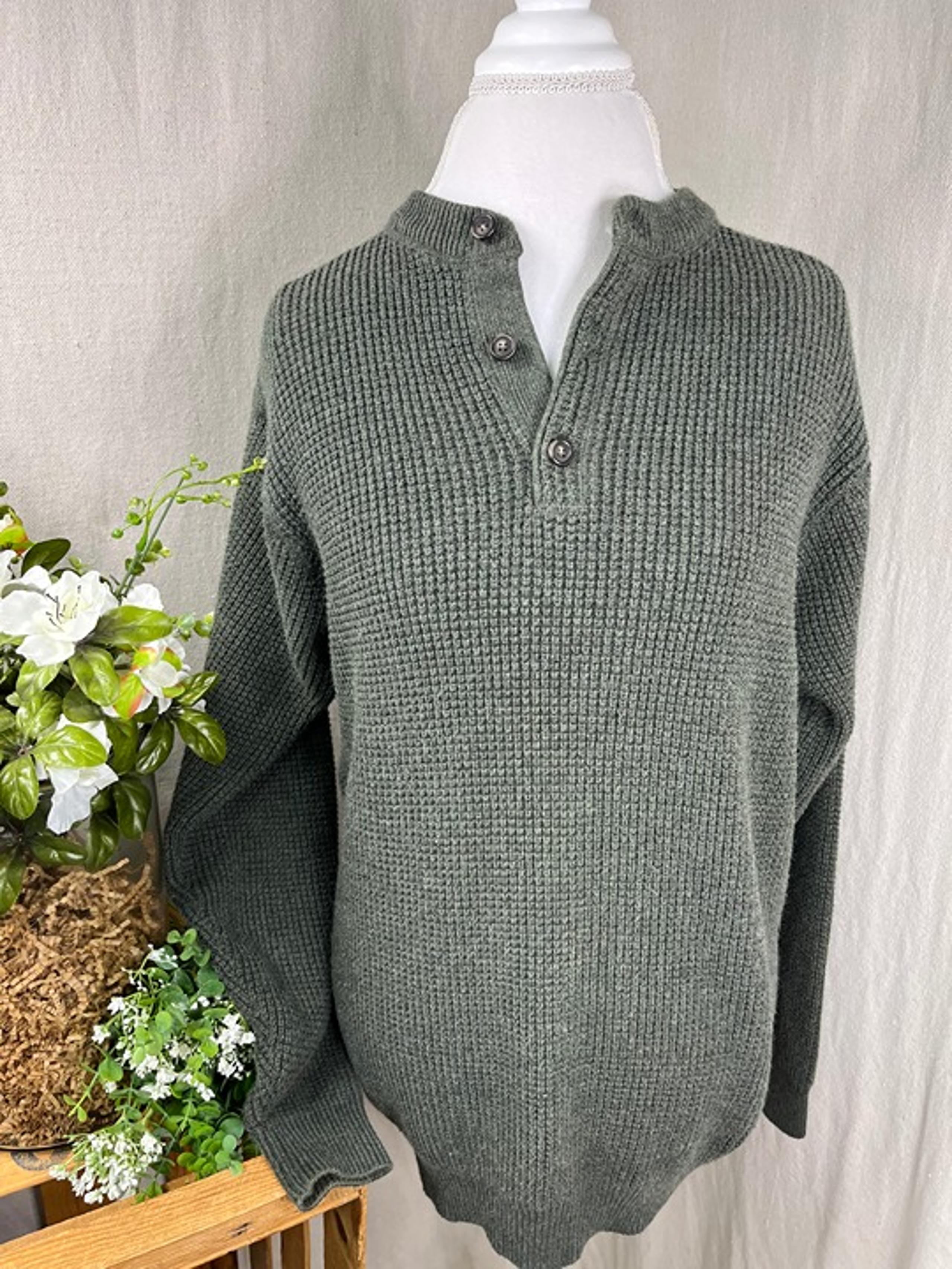 L.L. Bean Men's Green Pullover Button Crewneck Wool Blend Fisherman's Sweater MT