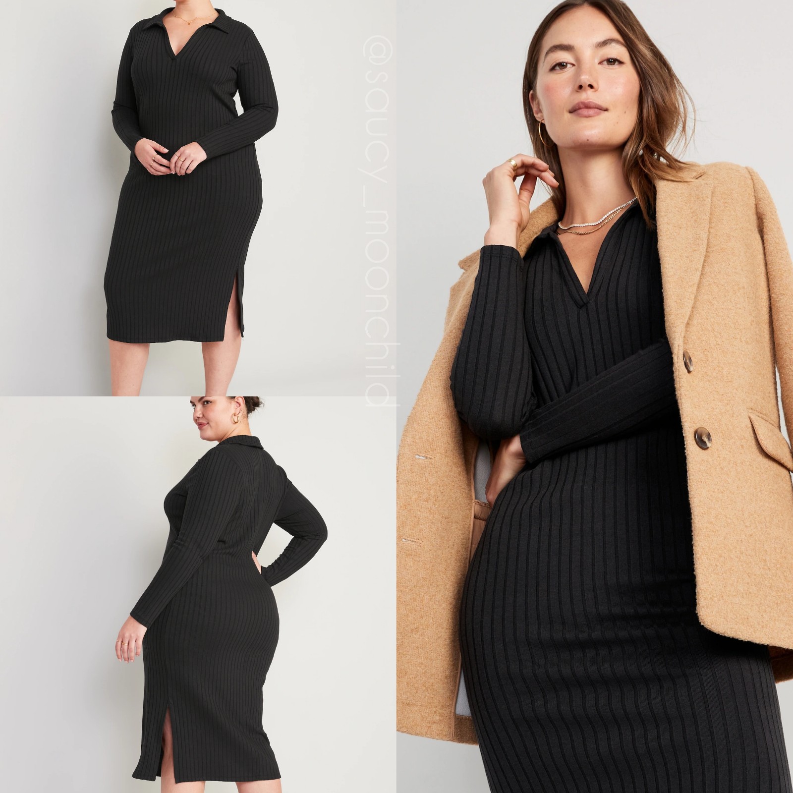 Old Navy Black Midi Long Sleeve Polo Ribbed Knit Dress Large Maternity Stretch R