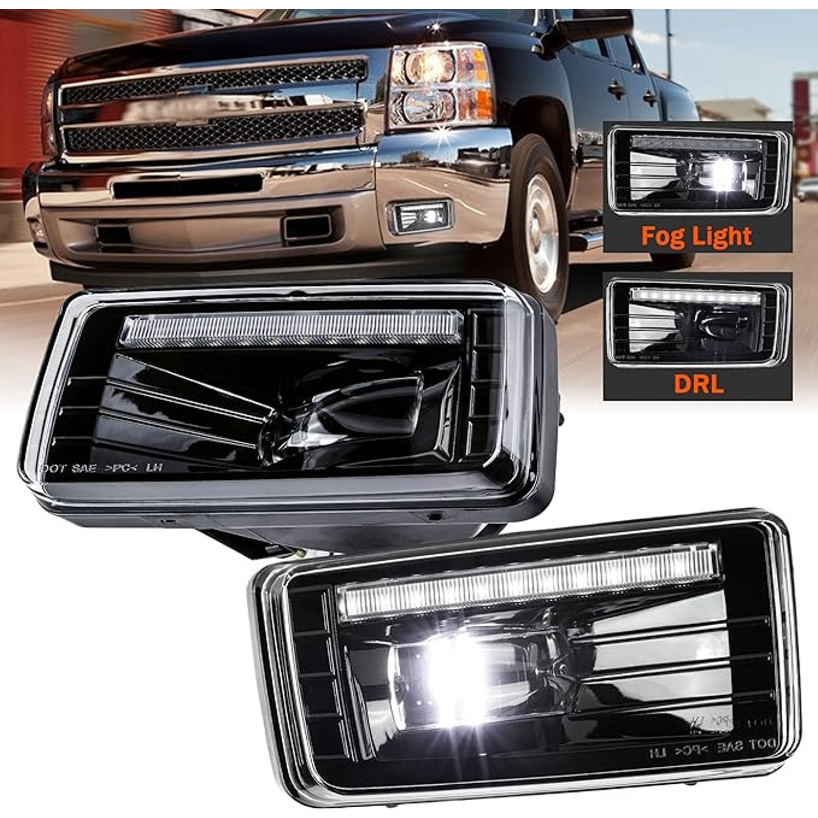 Rectangular Led Fog Lights with DRL For Chevy Silverado & GMC 2007-2014