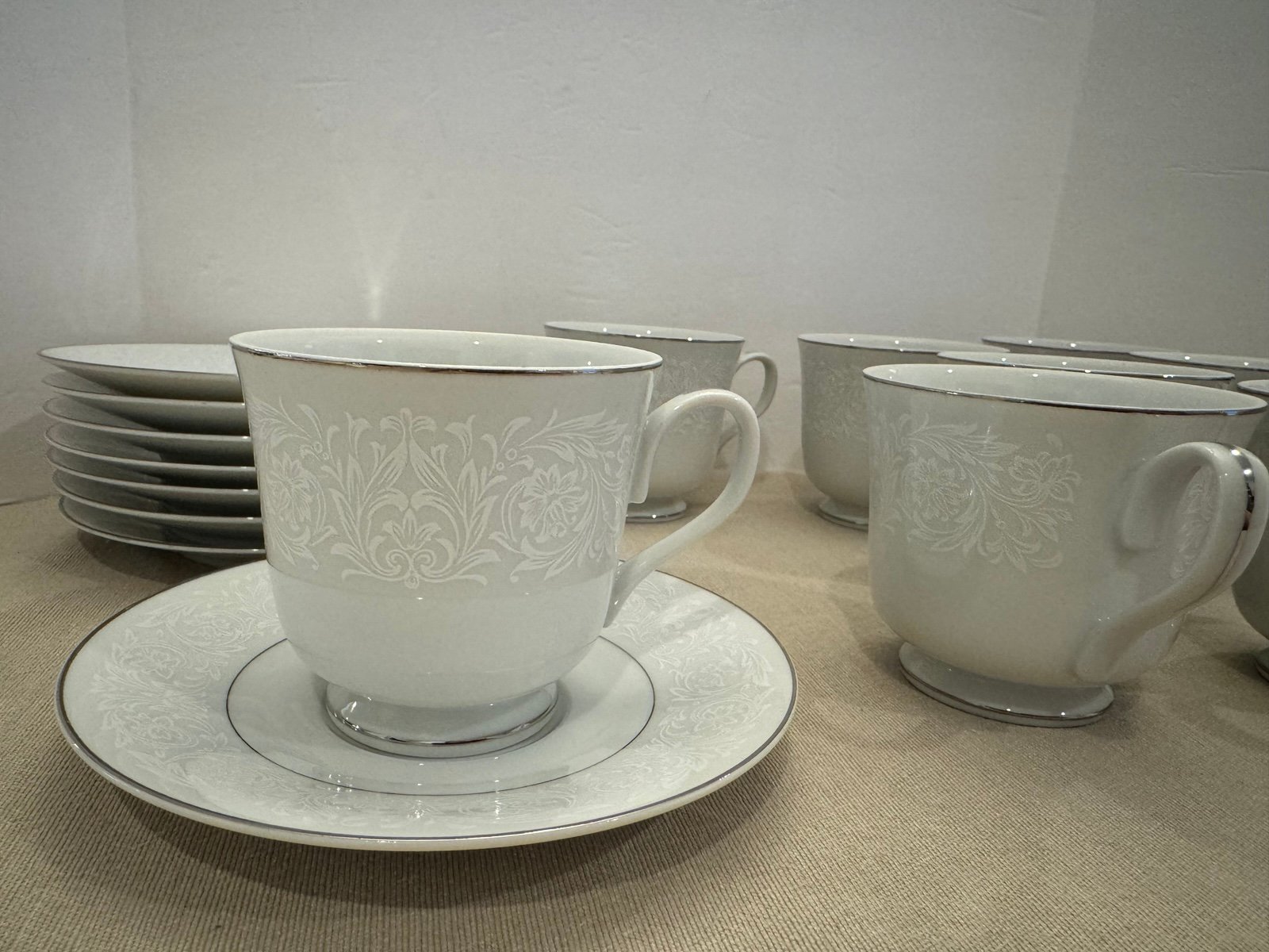 Carlton Japan Plymouth 303 White Floral 8 Teacups Saucers Set w/ Silver Trim