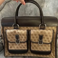 Dooney & Bourke Signature Fabric Double Pocket Tote Brown Tmoro Leather
