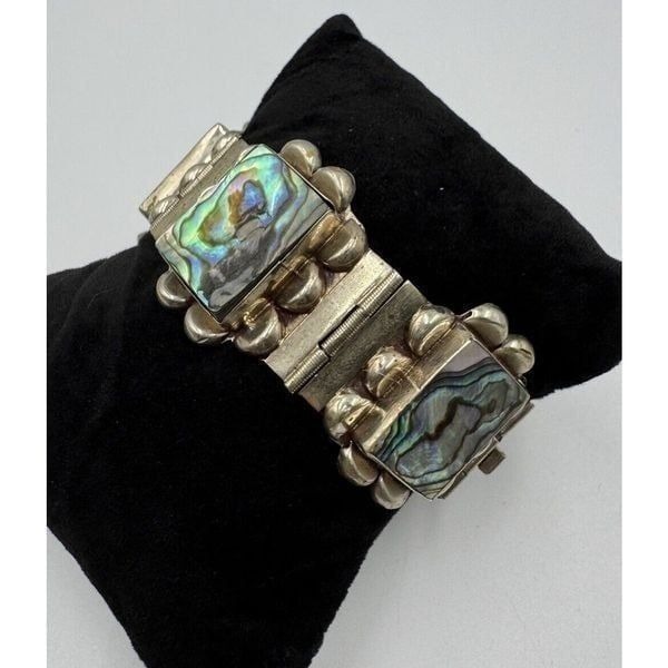 Vintage Mexico Silver Tone Alpaca (?) Abalone Hinged Panel Bracelet Signed HAM