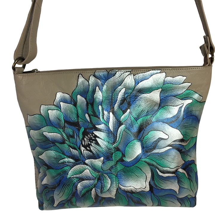 Anuschka LIKE NEW Handpainted Leather Medium Cross Body Bag Peony Flower