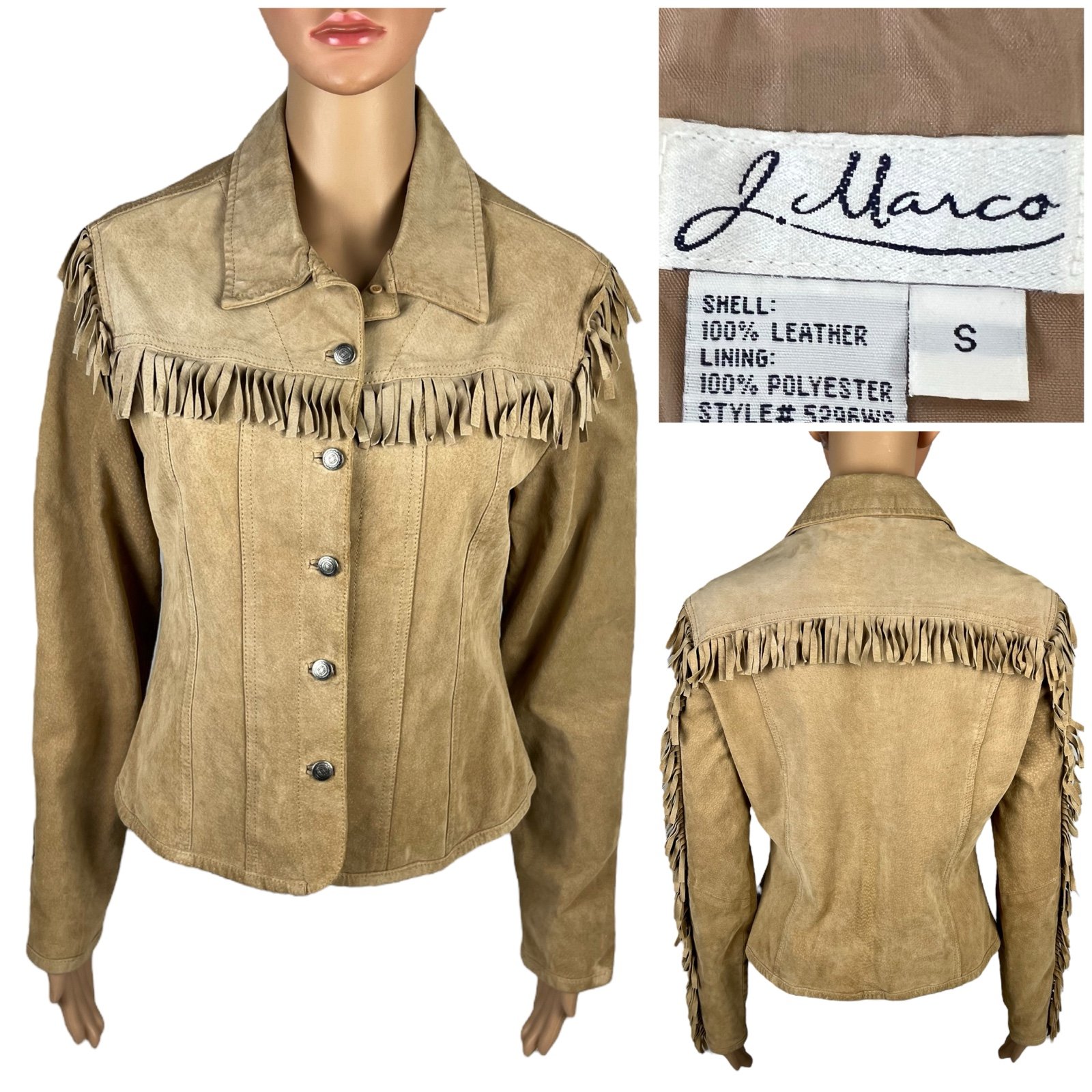 J Marco Womens Small Leather Jacket Tan Fringe Western Outdoor Buttons
