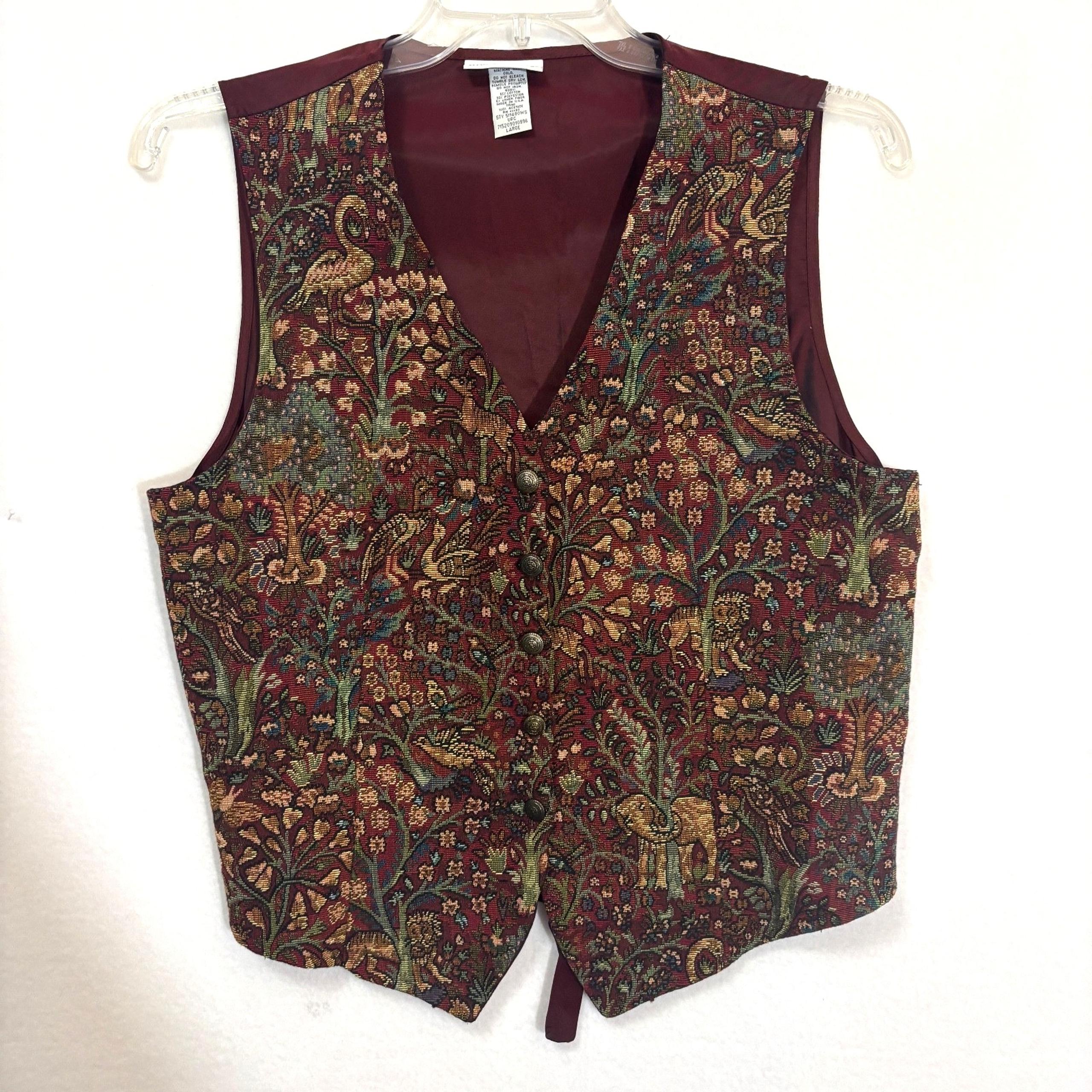 Vintage White Stag Burgandy Tapestry Vest Elephant Tiger Women's Large Lg