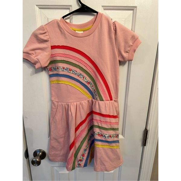Mini Boden girls size 5-7 T dress pink sweatshirt rainbow applique