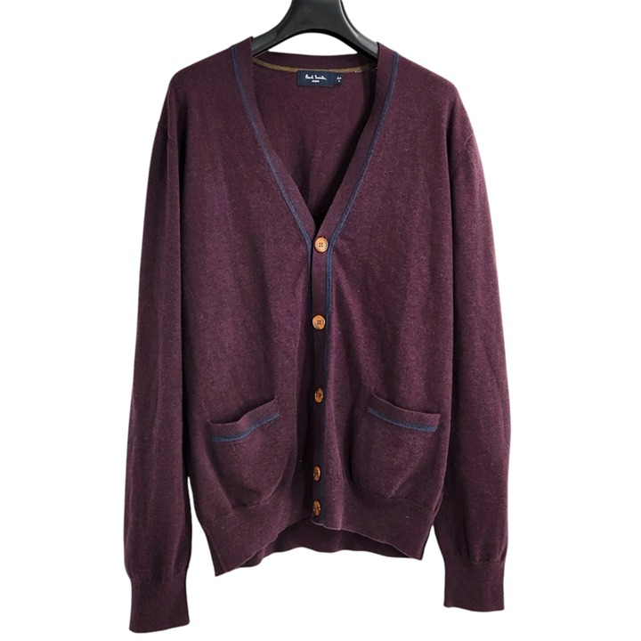 PAUL SMITH Button Front Cardigan Burgundy Men's XL Contrast Trim Pocket Sweater