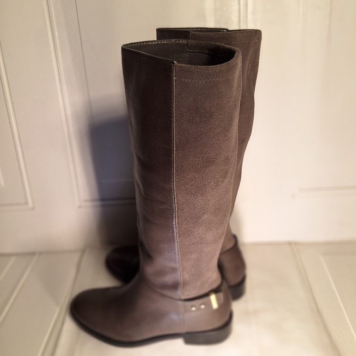 Cole Haan Adler Grey Riding Boot Leather/Suede With Gold Accent Buckle 6 1/2
