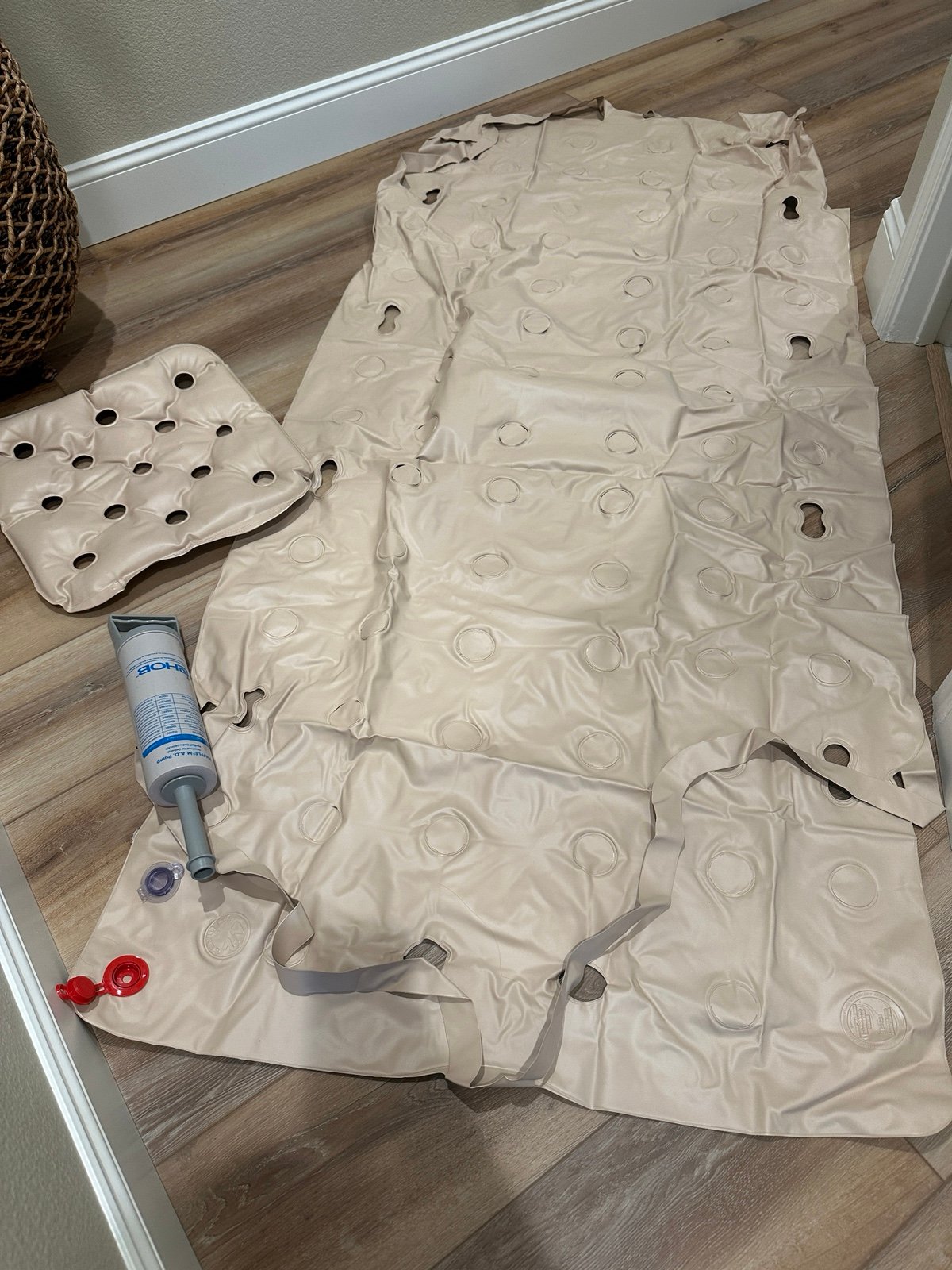EHOB waffle product set. Waffle chair pad 18x18 and Mattress Overlay with pump