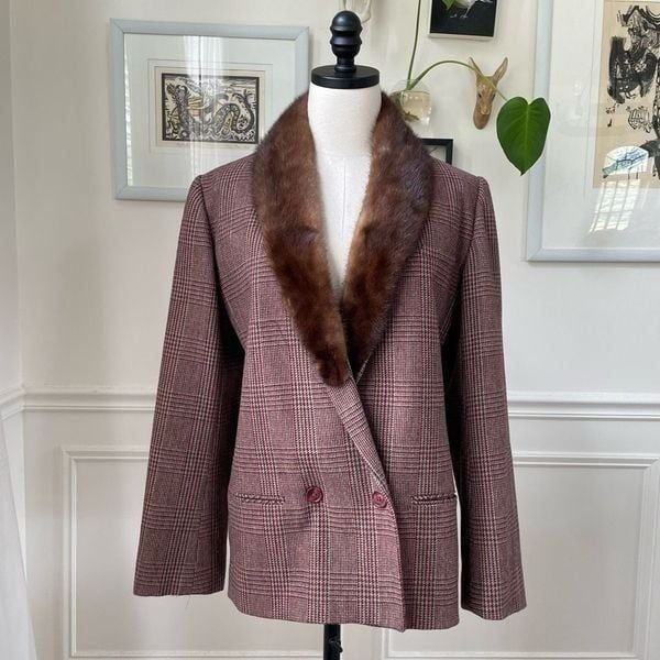 Vintage 70s EH Woods Glenn Plaid Wool Blend Blazer Fur Collar 12 L XL