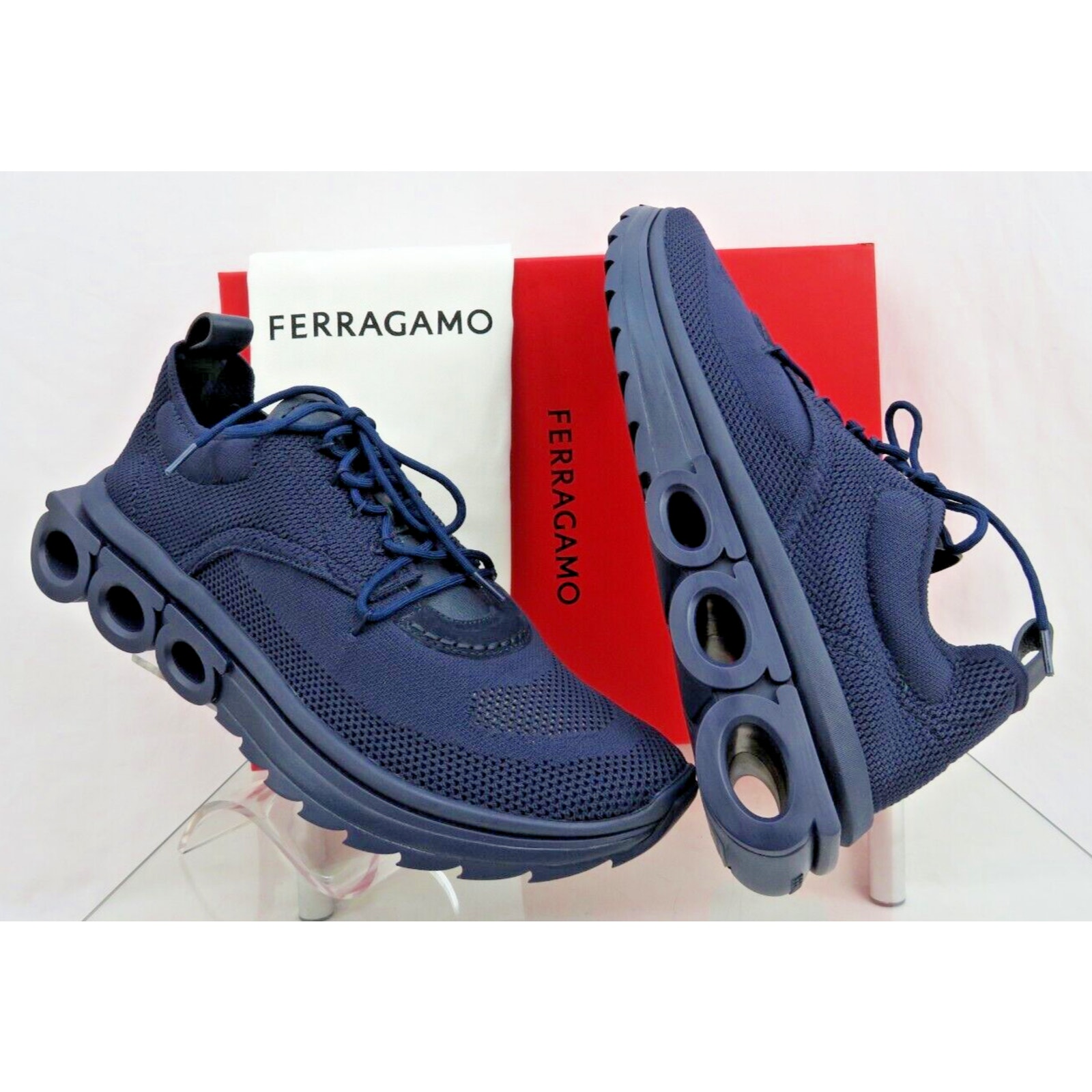 1K NIB FERRAGAMO DARK BLUE NIMA MESH LEATHER LOGO LOW SNEAKERS US 10.5 43.5 ITc