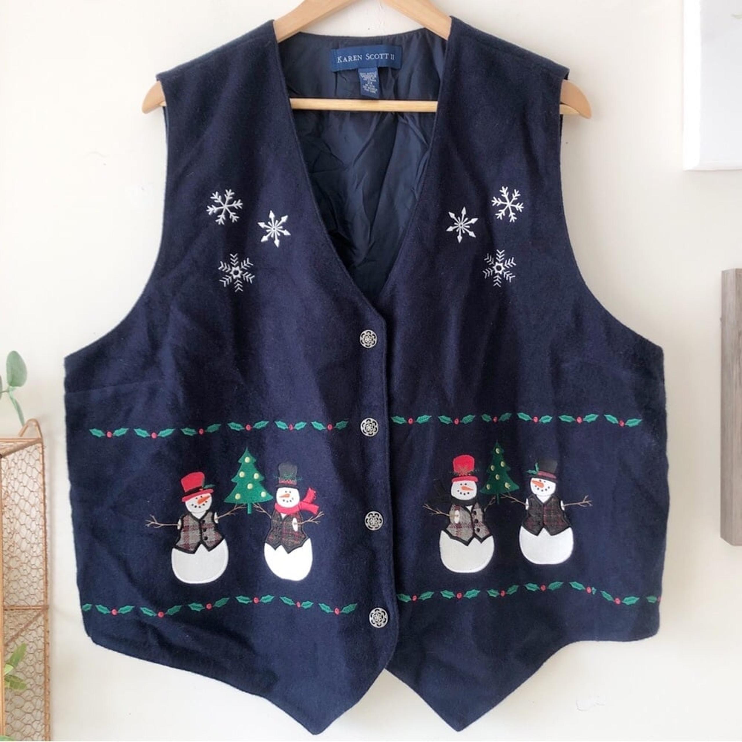 Karen Scott Navy Blue Snowman and Christmas Trees Embroidered Felt Vest Size 2X