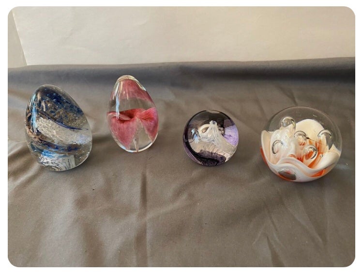 Vintage-Lot of 4 Hand Blown Glass Paperweights - Egg, Swirls, Flower, GOOD Cond!