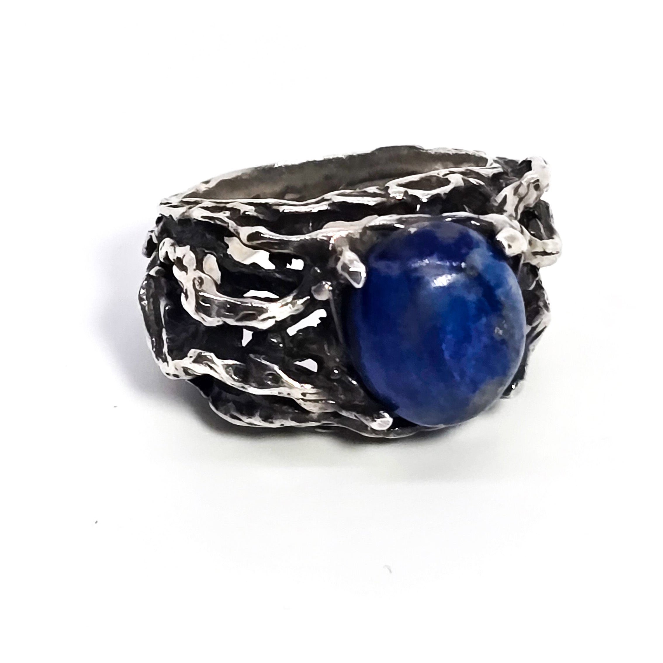 Brutalist crafted Lapis Lazuli vintage large sterling silver ring size 8